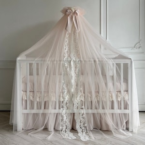 Baby Crib soft Tulle Canopy - beige, neutral Baby bed canopy with bow and lace, Nursery Canopy, Canopy for Kids Room, Nursery bed decor
