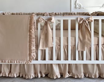 CRIB SKIRT with gathered Ruffle in beige - classic baby Nursery cotton Bedding decor