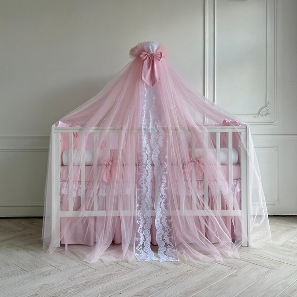 Baby Crib Canopy - baby pink, Baby bed Baldachin with bow and lace, Nursery Canopy, Canopy for Kids Room, Crib Canopy, Baby Baldaquin