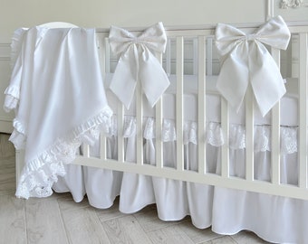 Crib skirt with french Lace and Ruffle - white baby girl crib bedding