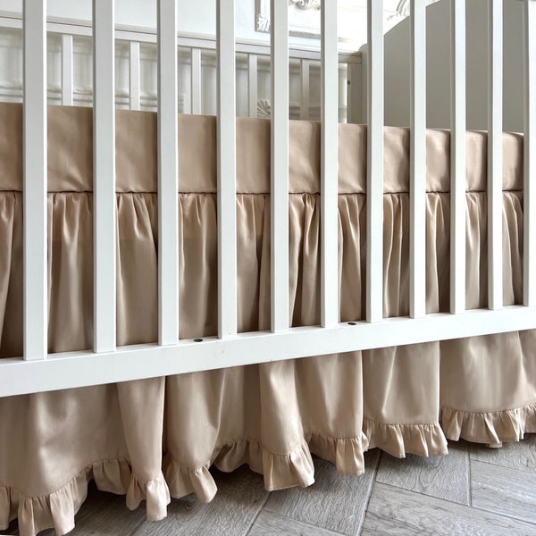 Bed fitted sheet with elastic, Ruffled crib skirt, Baby blanket, Gathered Crib skirt, Beige neutral baby Crib bedding set, Nursery bedding