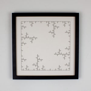 May include: A framed print featuring a black and white fractal design. The artwork is enclosed in a black frame and hangs against a white wall. The fractal pattern is composed of intricate, branching lines, creating a complex geometric pattern.