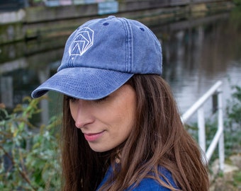 Geometric Baseball Cap, Blue 6-panel Cap, Washed Navy Headwear, Embroidered Cotton Hat