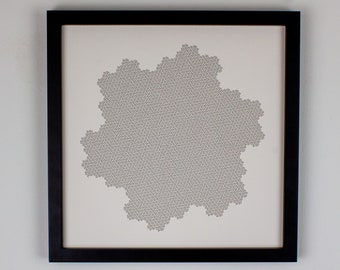 Gosper's Curve Plotted Print, Abstrakcyjna sztuka matematyczna, Geometryczna krzywa wypełniająca przestrzeń, Fractal Wall Print, Druk koncepcyjny, Pióro i tusz, Grafika liniowa