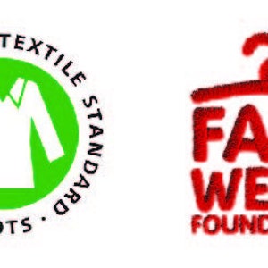 May include: Green and white Global Organic Textile Standard (GOTS) logo with a shirt icon. Red Fair Wear Foundation logo with a hanger icon and the text "Fair Wear Foundation".