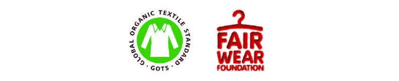 May include: Green and white Global Organic Textile Standard (GOTS) logo with a shirt icon. Red Fair Wear Foundation logo with a hanger icon and the text "Fair Wear Foundation".