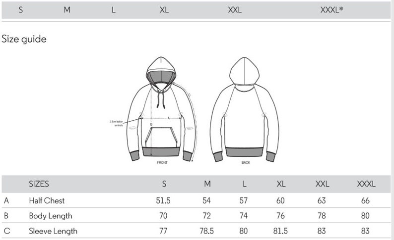 Op de afbeelding: Maattabel voor een hoodie met maten in centimeters voor de halve borst, de lichaamslengte en de mouwlengte. De maten vari&euml;ren van S tot XXXL.