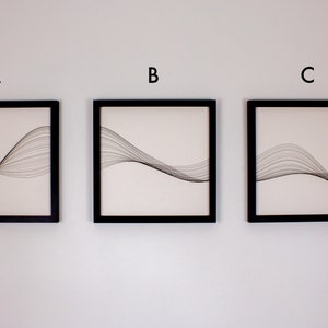 May include: Three framed black and white abstract line art prints with the letters A, B, and C above each print.