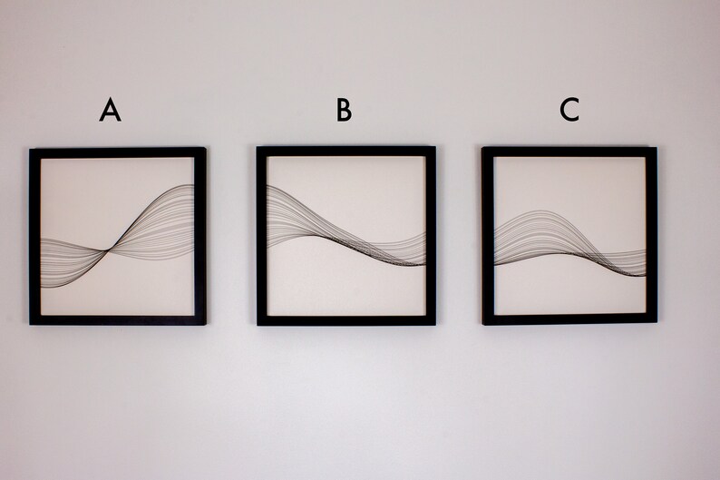 May include: Three framed black and white abstract line art prints with the letters A, B, and C above each print.