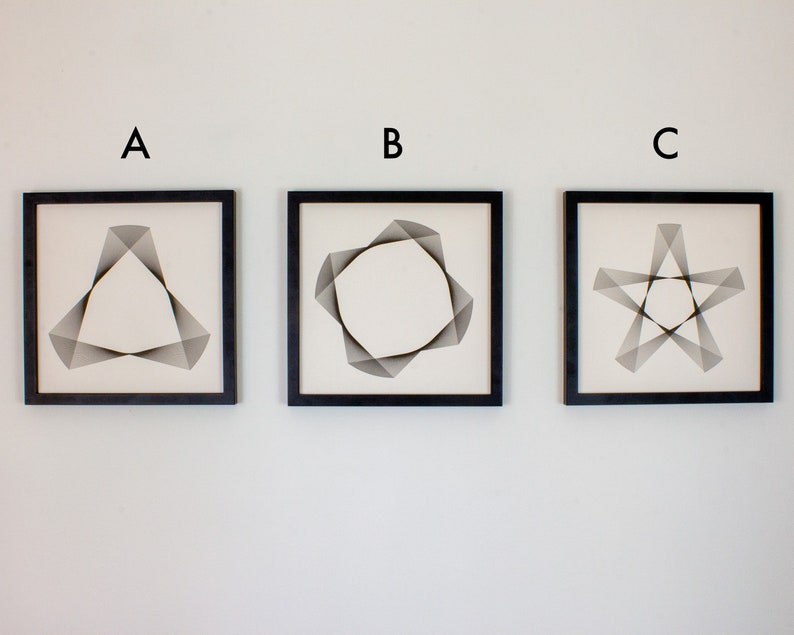 May include: Three framed black and white geometric art prints with the letters A, B, and C above each print. The print labeled A features a triangle shape, the print labeled B features a star shape, and the print labeled C features a circle shape.