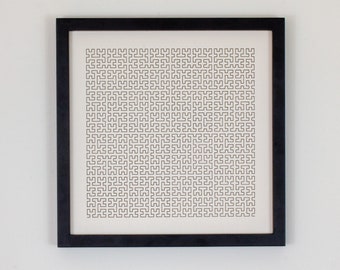 May include: A black framed print with a white background and a geometric pattern of black lines forming squares and rectangles.