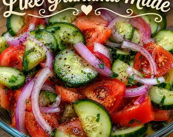 Receta clásica de ensalada de pepino y tomate en PDF | Receta de ensalada de verano para imprimir | Las recetas de la abuela hoy | Descarga digital