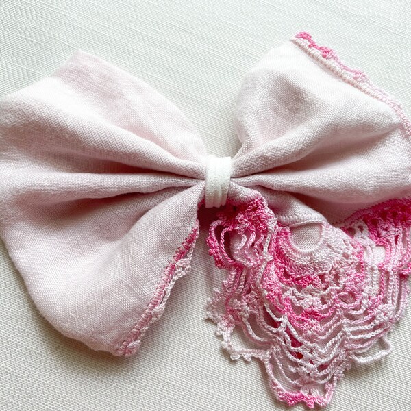 Pink Vintage Hankie Bow, Pink Hankie Bow, Pink Bow, Chloe and Evelyn, Pink Headband, Pink Clip, Light Pink Bow