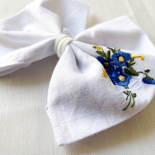 Blue Yellow Floral Vintage Hankie Bow, Chloe and Evelyn, Blue Hankie Bow, Yellow Hankie Bow, Vintage Hankie Bow, Floral Hankie Bow, Blue Bow