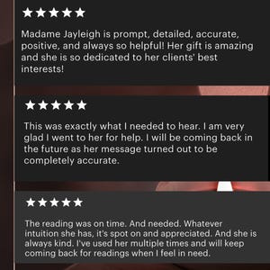 May include: Five-star reviews for a service provider. The reviews highlight the provider's promptness, accuracy, helpfulness, and dedication to client needs. The reviews also mention the provider's gift and the accuracy of their messages.
