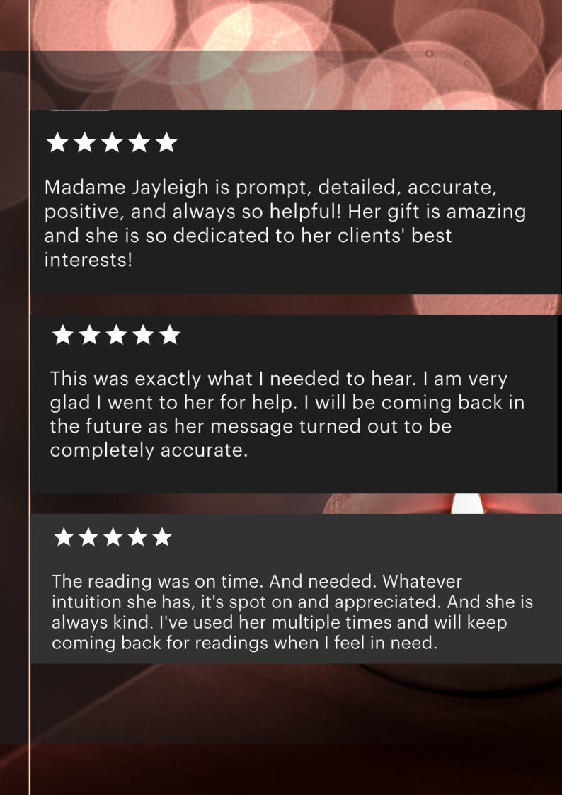 May include: Five-star reviews for a service provider. The reviews highlight the provider's promptness, accuracy, helpfulness, and dedication to client needs. The reviews also mention the provider's gift and the accuracy of their messages.