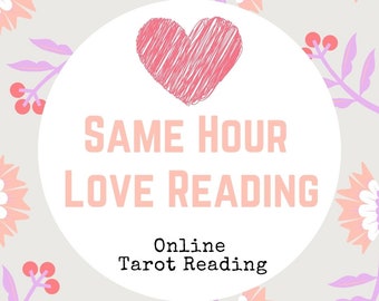 May include: A white circle with a pink heart and the text "SAME HOUR LOVE READING" in pink. Below the text is "Online Tarot Reading" in black.