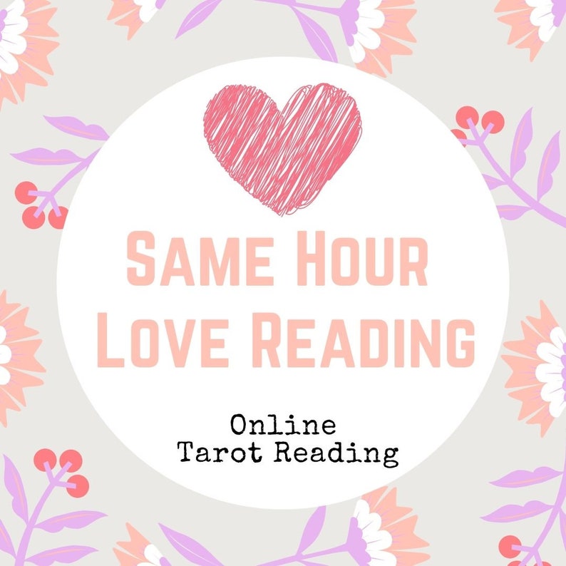 May include: A white circle with a pink heart and the text "SAME HOUR LOVE READING" in pink. Below the text is "Online Tarot Reading" in black.