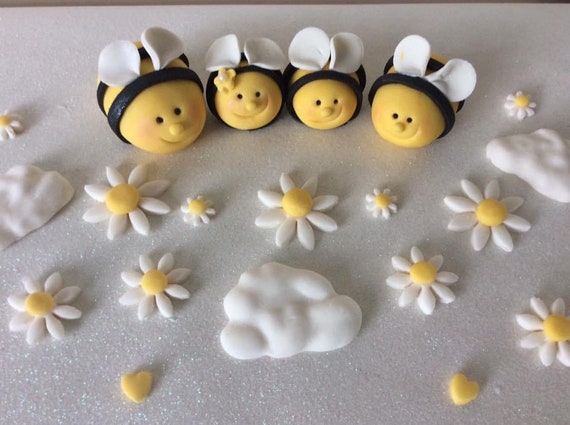 Fondant Bees & Flower Cake Topper/ Bumblebee Cake Decoration/ Bees Cupcakes  Topper/ Fondant Cake Topper/ Bees Cake Topper 