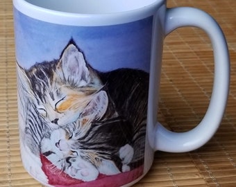 Mugs, mugs, Two Snuggling Kittens Great Christmas or birthday gift under 20 from watercolor painting