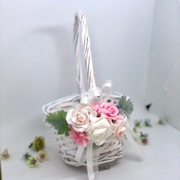 Flower Girl Basket, Rustic Flower Girl Basket, Cane Flower Basket, Natural Flower Girl Basket - KELLY WHITE