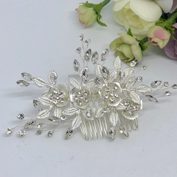 Crystal Flower Silver Leaf Comb Silver Leaf Hair Comb, White Flower Wedding Hair Piece  main image 2