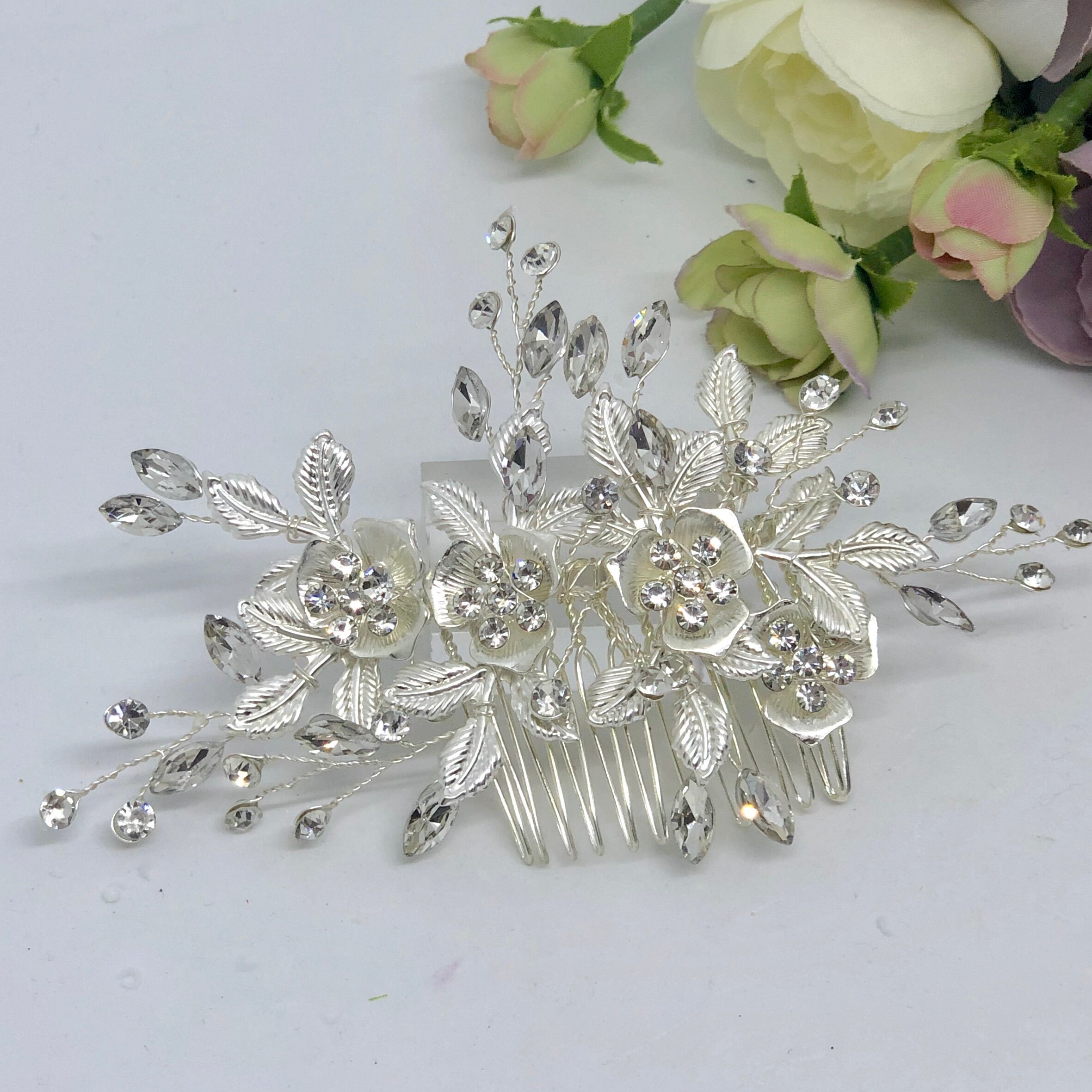 Silver Crystal Flower Bridal Hair Comb - Wedding Hair Piece 