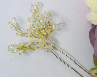 Gold Bridal Hair Pins: Clear Crystal Bead Hairpiece - Set of 2