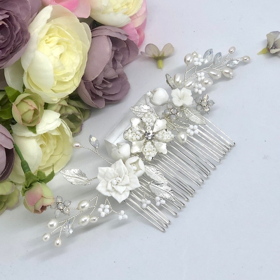 Porcelain Flower Bridal Silver Hair Comb Porcelain Flower Bridal Hair Comb, Rhinestone Crystal Large  main image 4