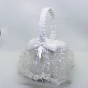 Flower Girl Basket, White Lace Flower Girl Basket, Flower Basket, Satin Flower Girl Basket - LACEY WHITE