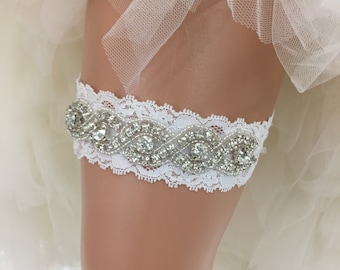 Eloise Bridal Garter: White Lace Wedding Garter with Bling