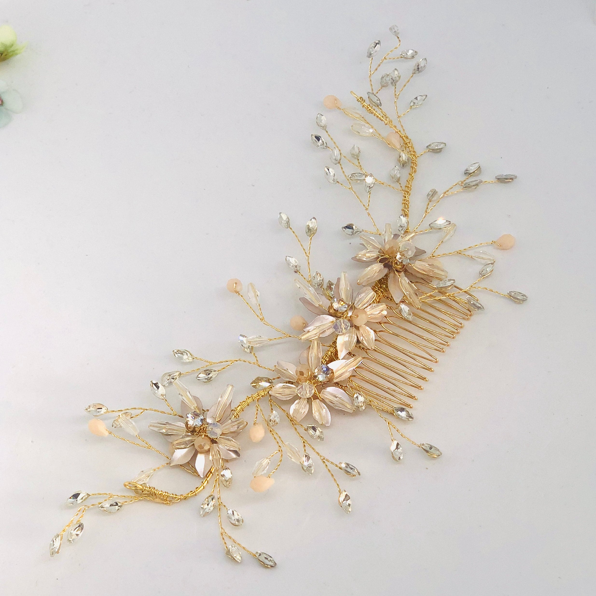 Gold Flower Crystal Bridal Hair Comb - 
