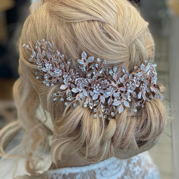 Rose Gold Bridal Headpiece: Crystal Pearl Wedding Hair Piece 