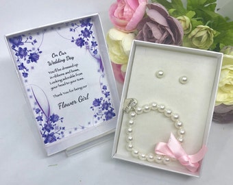 Perlen Blumenmädchen Armband & Ohrring Set, personalisierte Geschenkbox