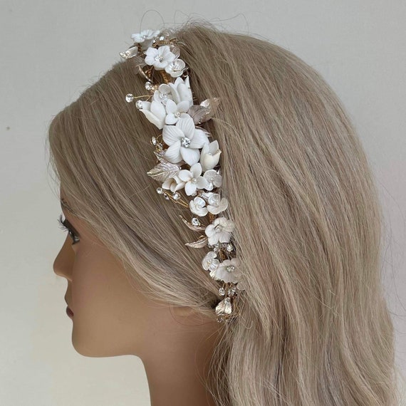 Gold Bridal Headpiece: Porcelain Flowers, Crystal Pearl Hair  display picture 3