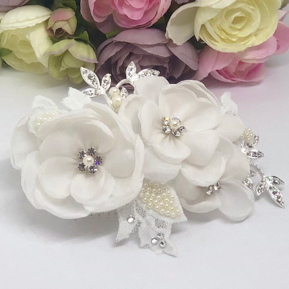 Bridal Ivory Floral Hair Comb with Pearl & Crystal Accents Handmade Ivory Floral Wedding Hair Comb, Swarovski Crystal  main image 2