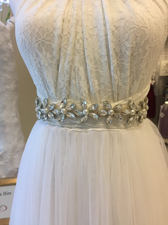Rhinestone Flower Bridal Sash~Pale Ivory Ivory Flower Satin, Rhinestone & Bugle Bead Bridal Wedding  main image 3