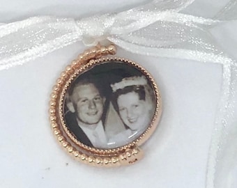 Rose Gold Double Sided Photo Charm: Bridal Bouquet Memory Keepsake - WENDY