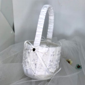Flower Girl Basket, White Lace Flower Girl Basket, Flower Basket, Satin Flower Girl Basket - CASEY