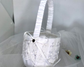 Flower Girl Basket, White Lace Flower Girl Basket, Flower Basket, Satin Flower Girl Basket - CASEY