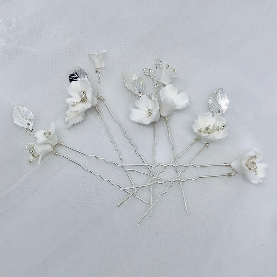 Porcelain Flower Bridal Hair Pins: Silver Leaf Wedding  display picture 3