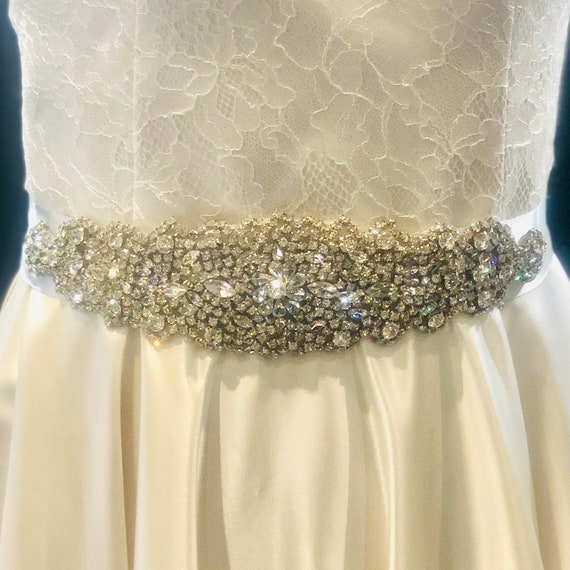 Ivory Ribbon Rhinestone Bridal Sash Belt: Wedding Dress  display picture 2