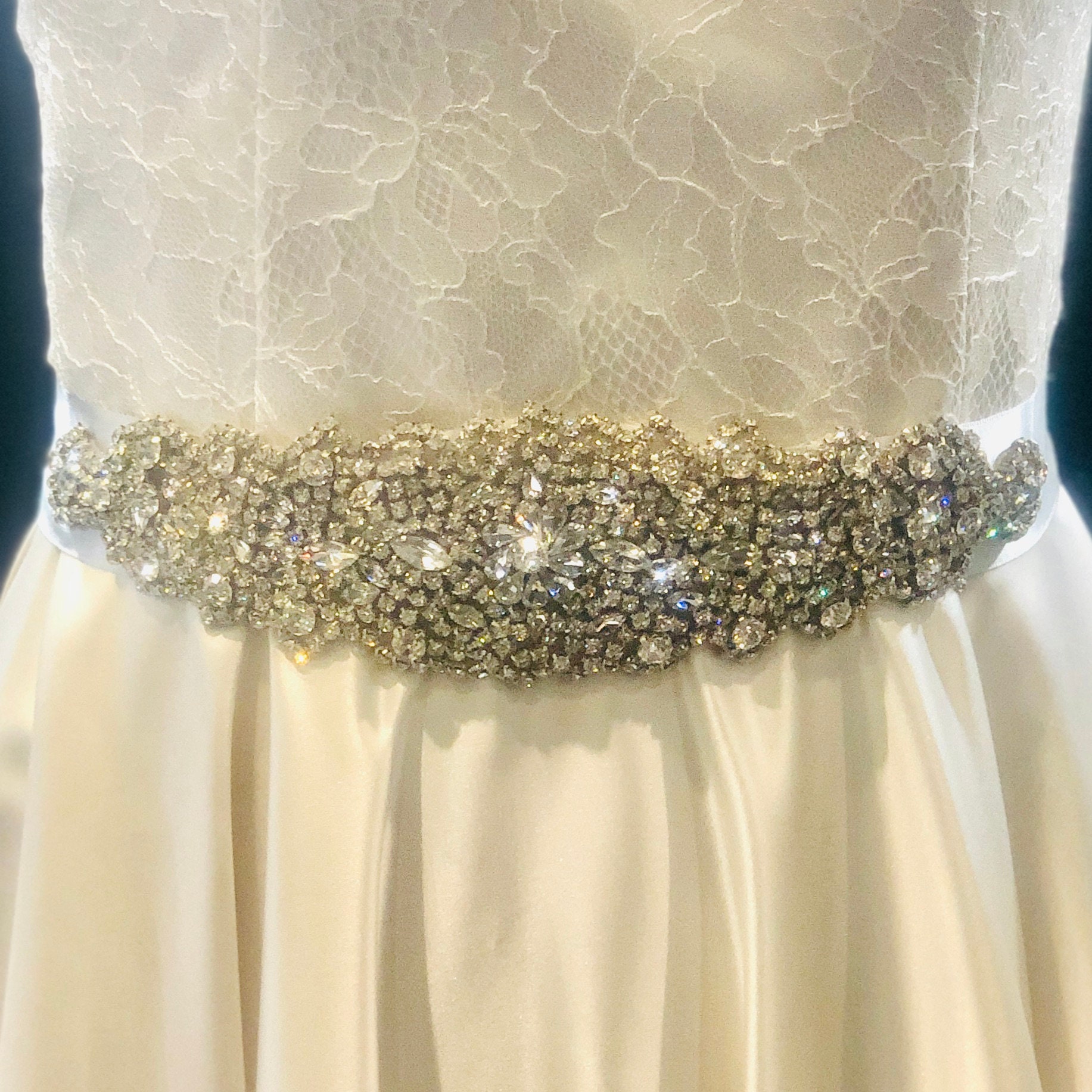 Ivory Ribbon Rhinestone Bridal Sash Belt: Wedding Dress 
