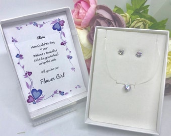 Conjunto de joyas de niña de las flores de cristal: collar y pendientes de plata de ley