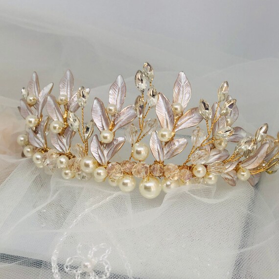 Gold crystal faux beautiful headpiece tiara Golden Flower Bridal Crown: Crystal Wedding Tiara - Etsy main image 3