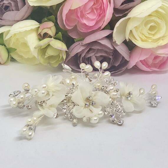 Pink and White Floral Hair Comb with Diamonds + Pearl Accents Flower Hair Comb Hand-crafted With Beautiful White Flowers  main image 4