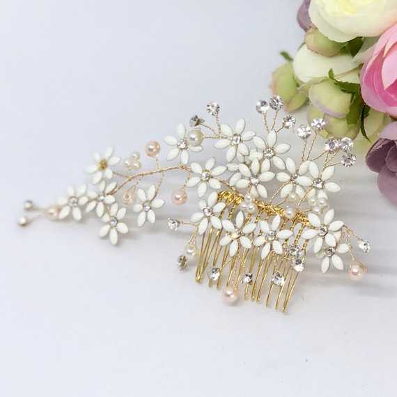 Gold Bridal Hair Comb: Ivory Resin Flowers Wedding Hair  display picture 3