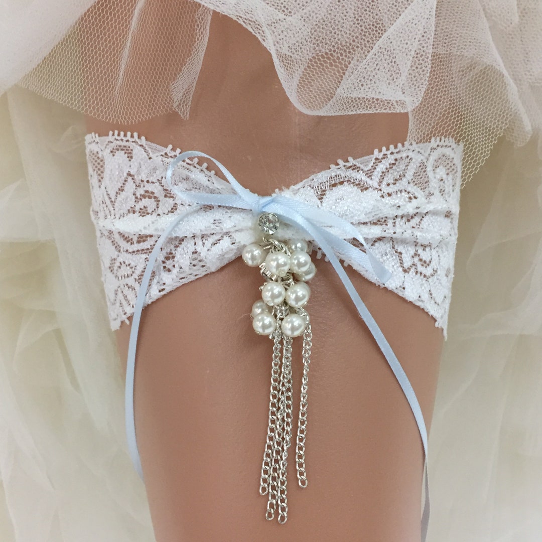 Giarrettiera Da Sposa In Pizzo - Blu E Bianco, Con Nastro E Fiocco, Accessorio Matrimonio - Foto 7