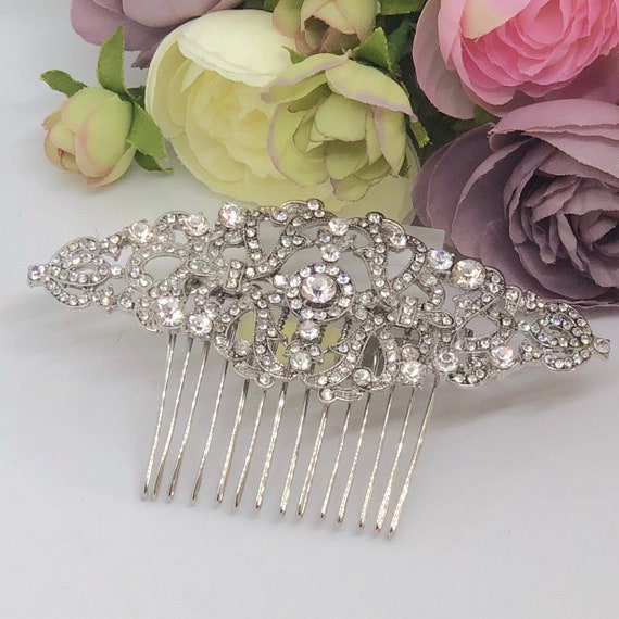 Vtg Bridal Hair Piece Brooch and Earring Set Silver Filigree Rhinestones 4.5\