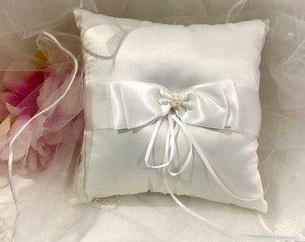 Ivory Satin Ring Pillow: Pearl Accent, Wedding Ceremony - TERENCE
